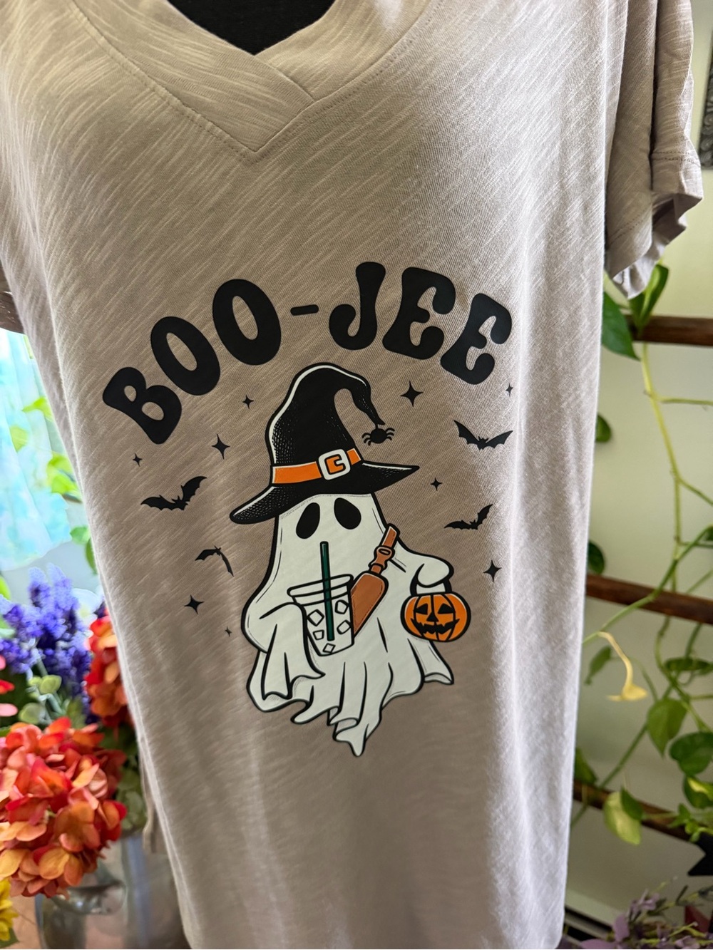 Taupe Boo-Jeep Halloween Ghost V-Neck Tee
